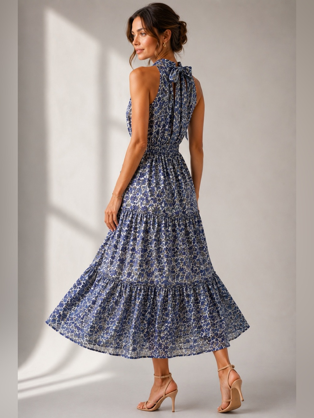 NWT Sam Edelman Blue White Floral Tie Neck Sleeveless Midi Dress Size 4